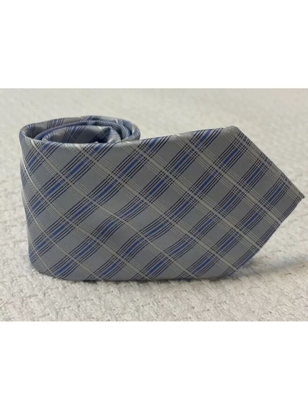 SAKS 5TH AVENUE 100% silk neck tie men's tie light blue white silver plaid OS